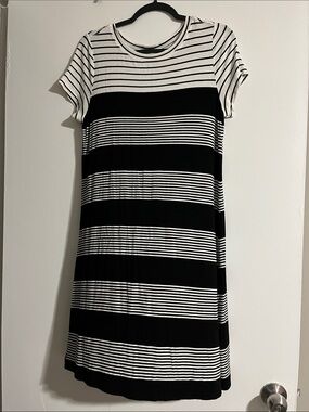 Calvin Klein Black and White Striped Short Sleeve T-shirt Dress